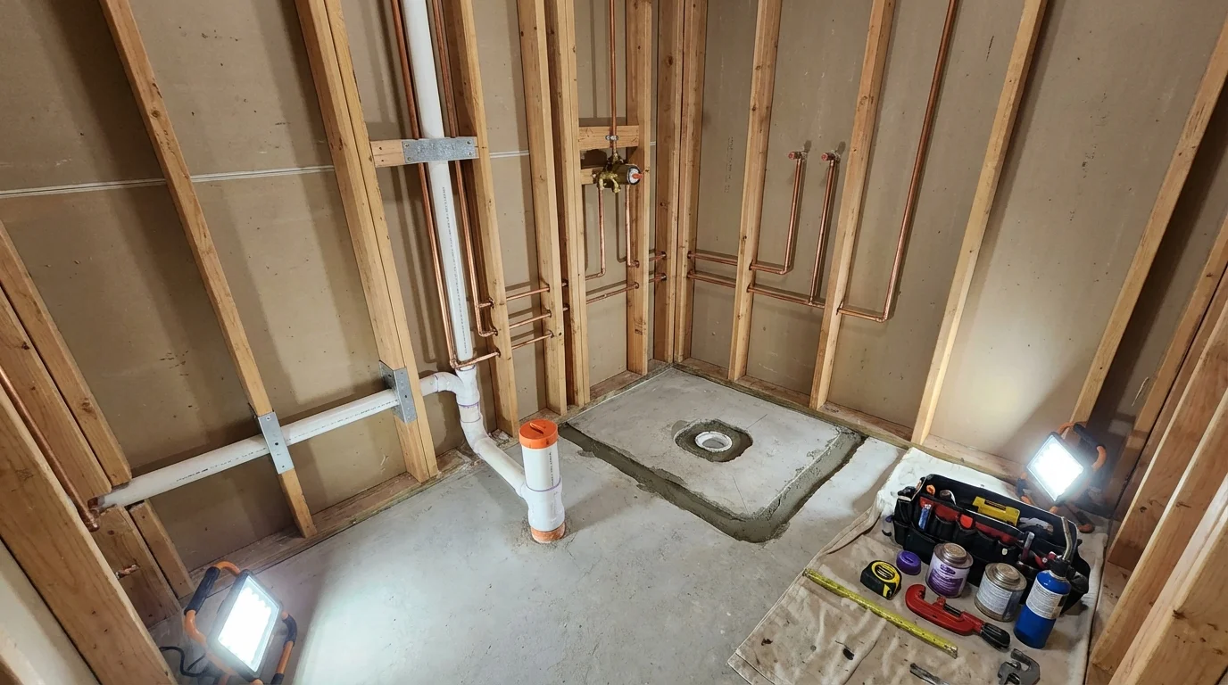 Bathroom rough-in plumbing during remodel by Johns Plumbing LLC in South Boston