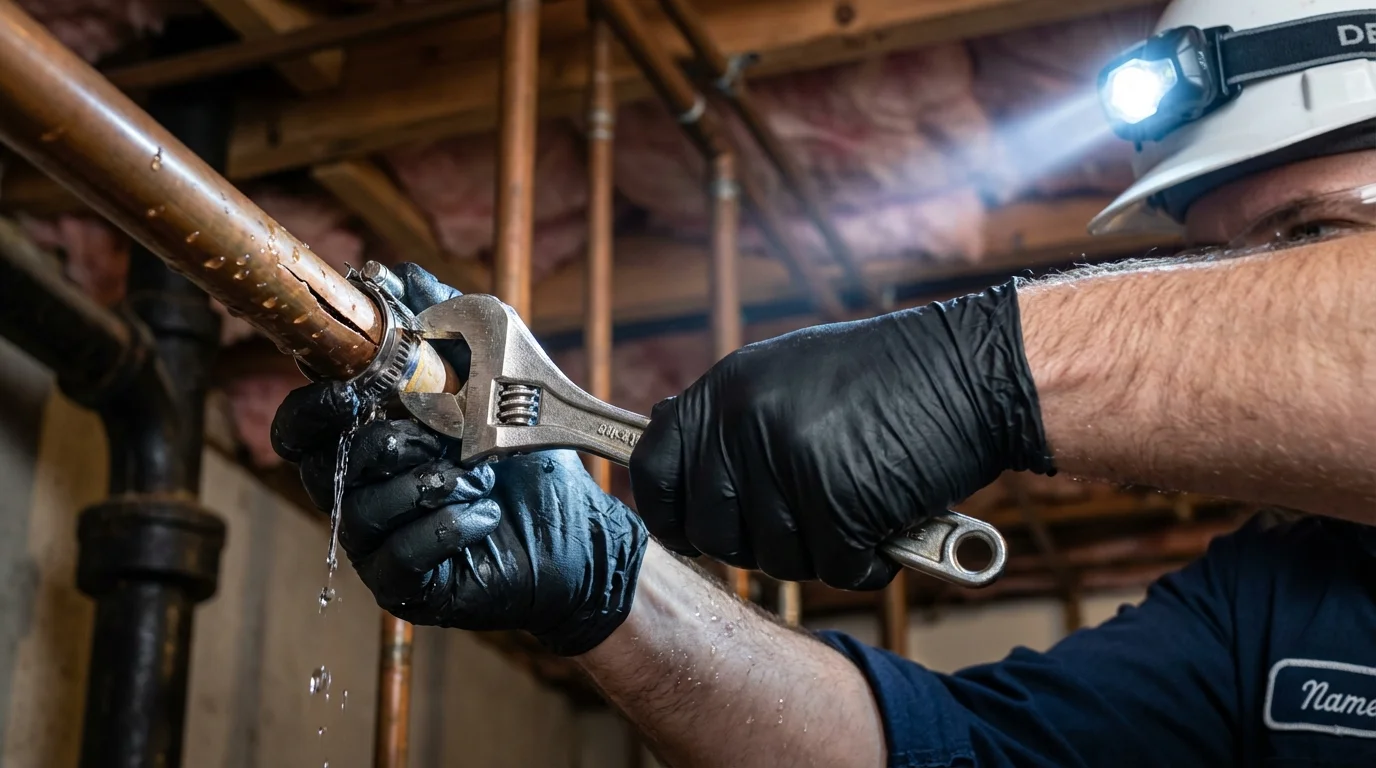 Emergency pipe clamp repair being performed by a Johns Plumbing LLC plumber in South Boston