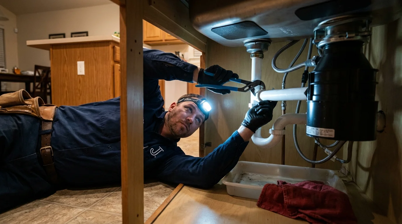 P-trap and supply line connections under a kitchen sink showing a common leak point in South Boston, MA